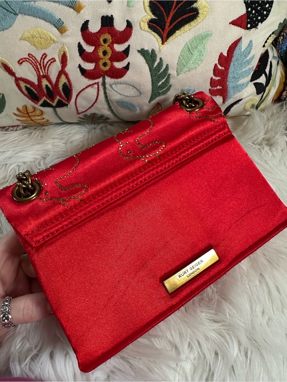 Kurt Geiger • Red Satin Kensington with Rabbit Print Glass Rhinestones Purse - Picture 8 of 17